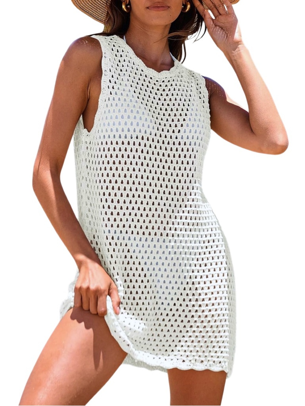 Sleeveless White Crochet Swim Coverup with‎ Keyhole Back